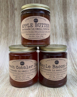 maple bacon jam, peach cobbler jam, apple butter 10oz