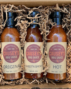 Causey Foods BBQ sauce gift set with Original, Sweet'n Smoky and Hot barbecue sauces in a gift box