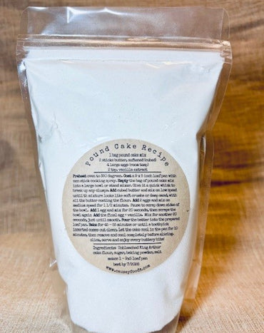 Easy Pound Cake mix package with baking instructions and recipe.
