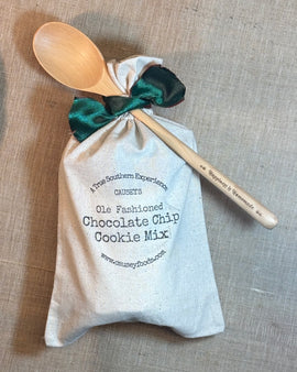 Homemade chocolate chip cookie mix in cloth packaging for gifting