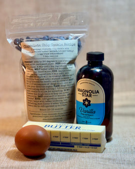 Old-fashioned chocolate chip cookie mix with butter egg and vanilla ingredients for homemade baking