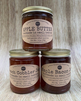 maple bacon jam, peach cobbler jam, apple butter 10oz