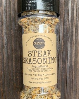 Montreal-style steak seasoning in a 6oz glass bottle, small batch coarse spice blend for grilling and cooking