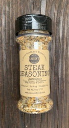 Montreal-style steak seasoning in a 6oz glass bottle, small batch coarse spice blend for grilling and cooking